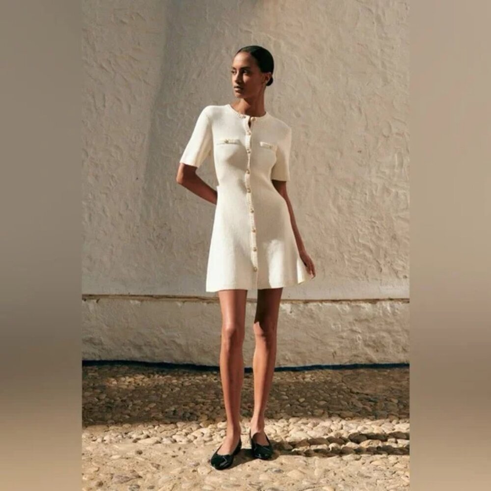 H&M Rib Knit Cream Dress Gold Button Old Money Style - XS - Picture 2 of 8